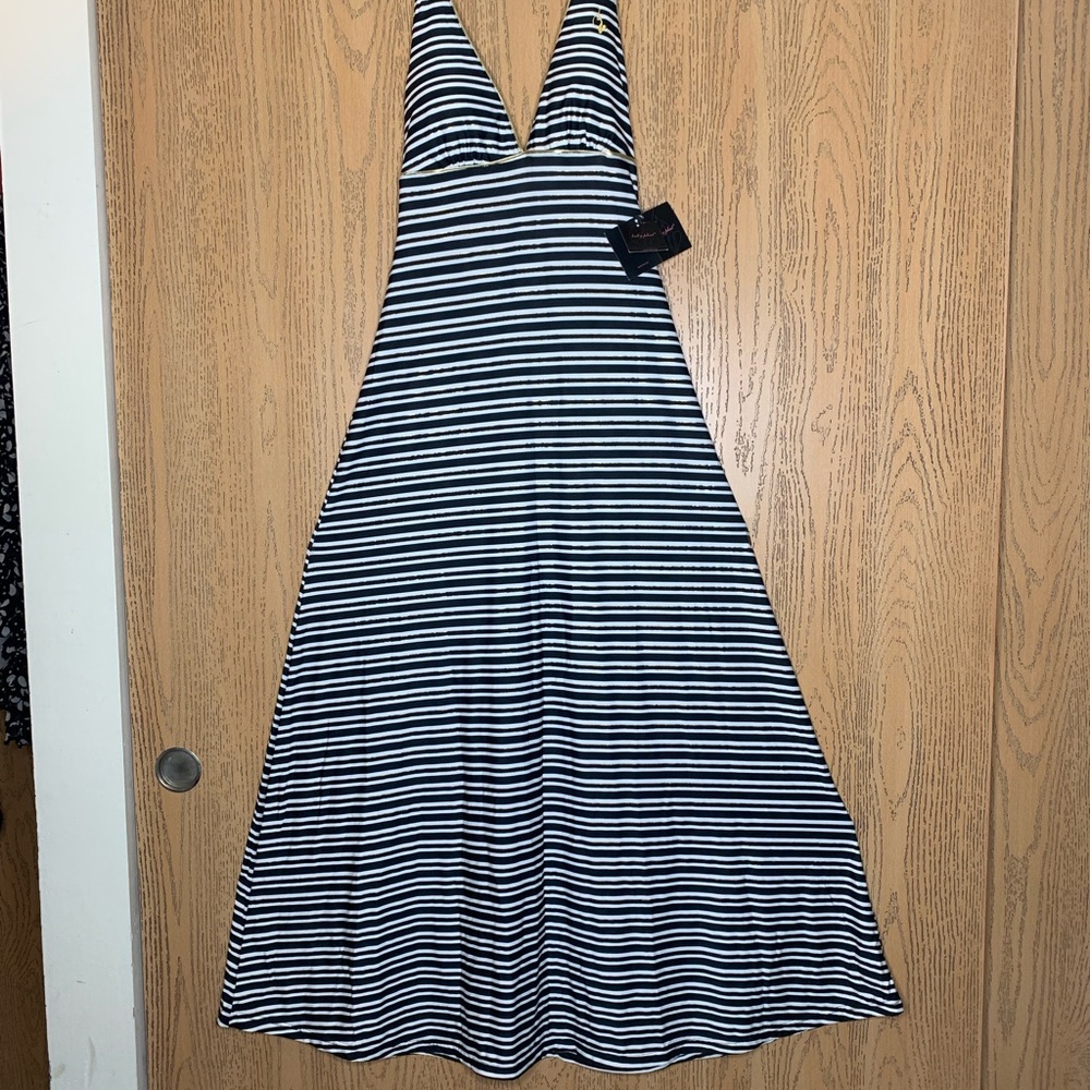 Baby Phat Black and White Striped Maxi Dress With Gold Accents